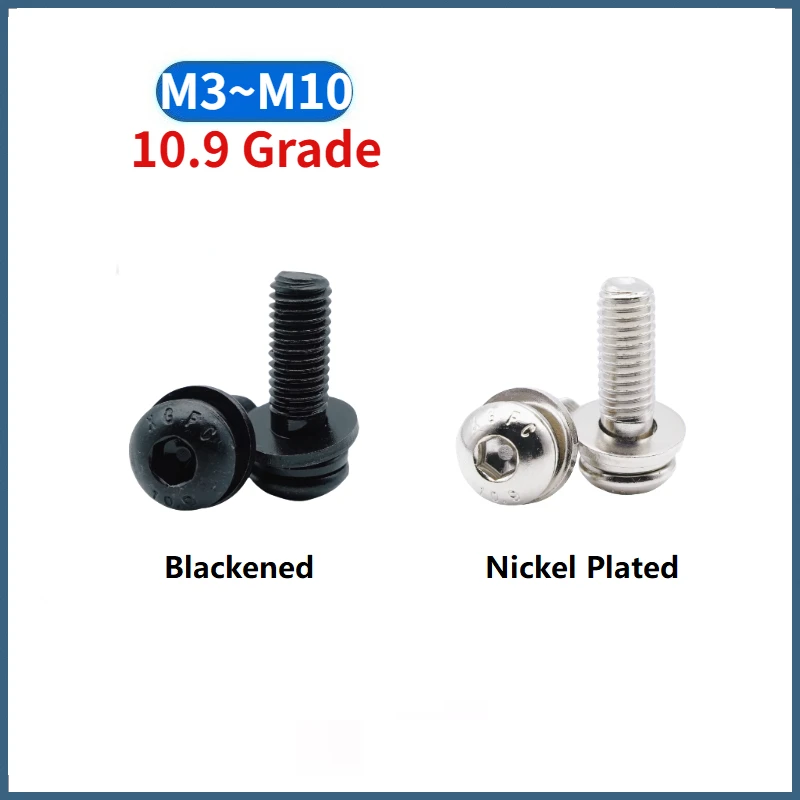 M3 M4 M5 M6 M8 M10 SOCKET BUTTON HEAD SCREWS ALLEN BOLTS WITH FLAT / SPRING WASHERS HIGH TENSILE 10.9 BLACK / NICKEL PLATED