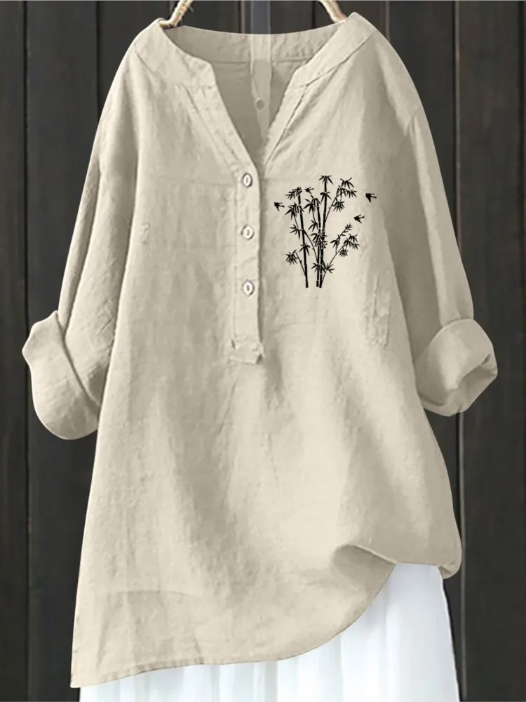 2024 Fashion Buttons Long Sleeve Linen Tops And Blouses Women Autumn Loose Casual Bamboo Print Shirts Women's Top Femme Blouse