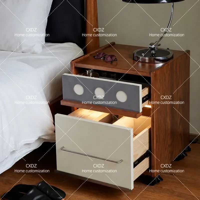 Medieval Style Double Layer Bedside Table with Wheels Movable Nightstand Storage Shelf for Bedroom Living Room Home Furniture
