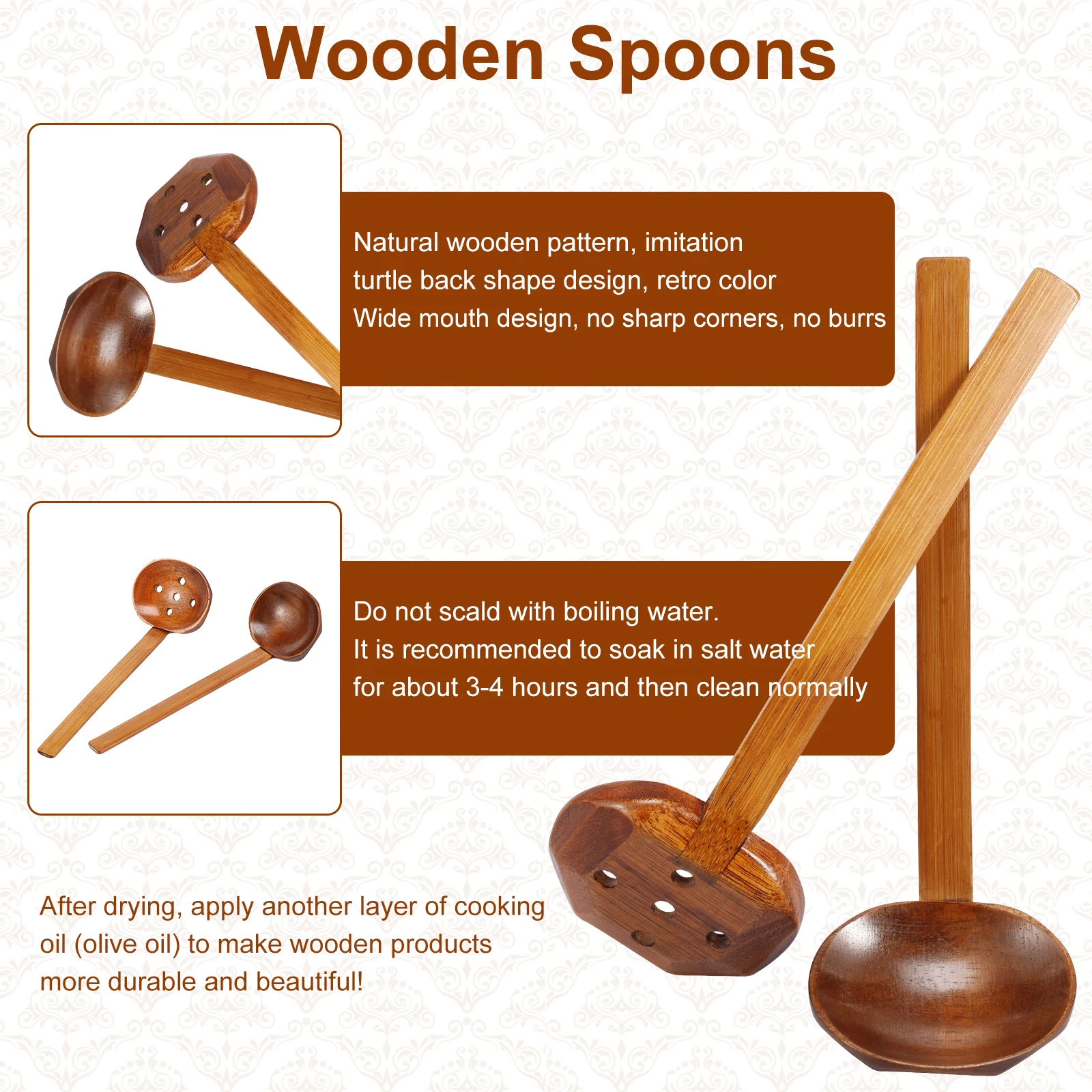 10Pcs Wooden Spoon Colander Long Handle Japanese Ramen Spoons Tortoise Shaped Hot Pot Spoon and Colander Reusable Slotted Spoon