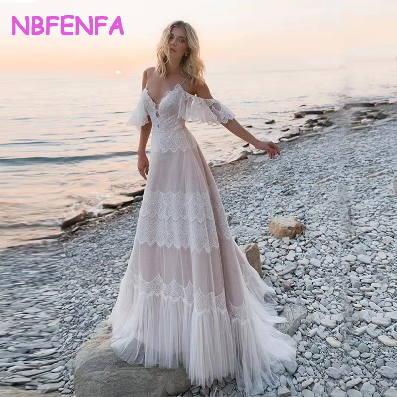 Sexy pizzo bianco scollo a V spalline abiti da sposa per la sposa lungo Prom sera ospite donne vestono abiti formali estivi