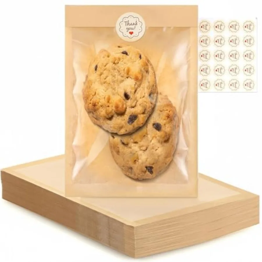 00 Pack Cookie Bags with Window, 5."x7.5" Paper Oil-proof Bakery Bags, Kraft Heat Sealable Cookie Packaging Bags for Gift Givin