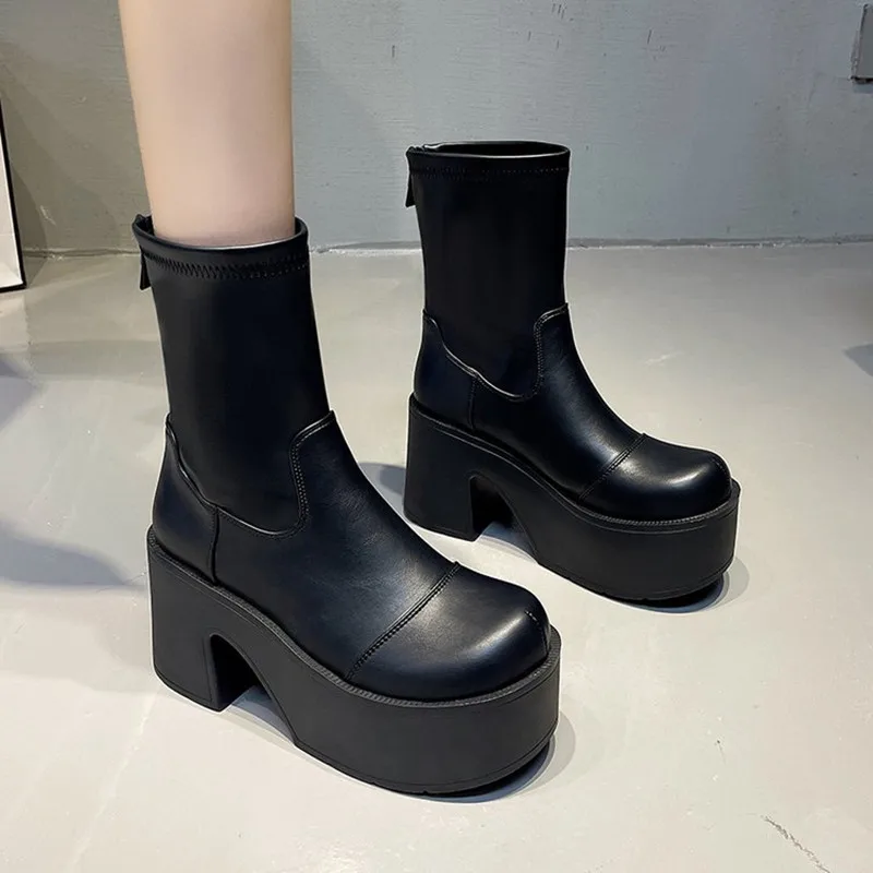 جديد 9 سنتيمتر أسافين النساء أحذية عالية الكعب الكاحل الثلوج منصة أحذية الشتاء 2025 ماركة الجلود تشيلسي الأحذية أنيقة القوطي بوتاس Mujer