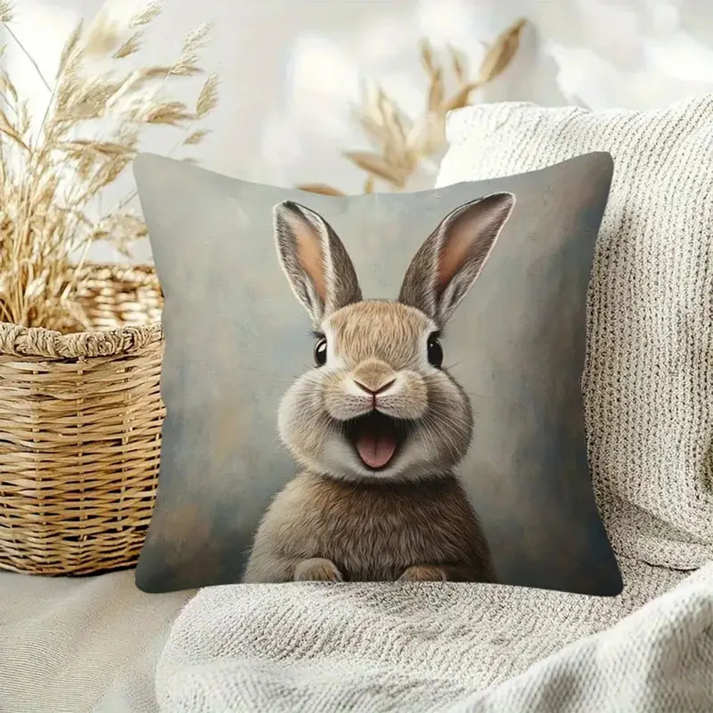 1pc 2D Flat (Pillow Not Included) Cute Laughing Rabbit Portrait Cushion Cover Short Plush Pet Lover Kids Room Decor Throw Pillow