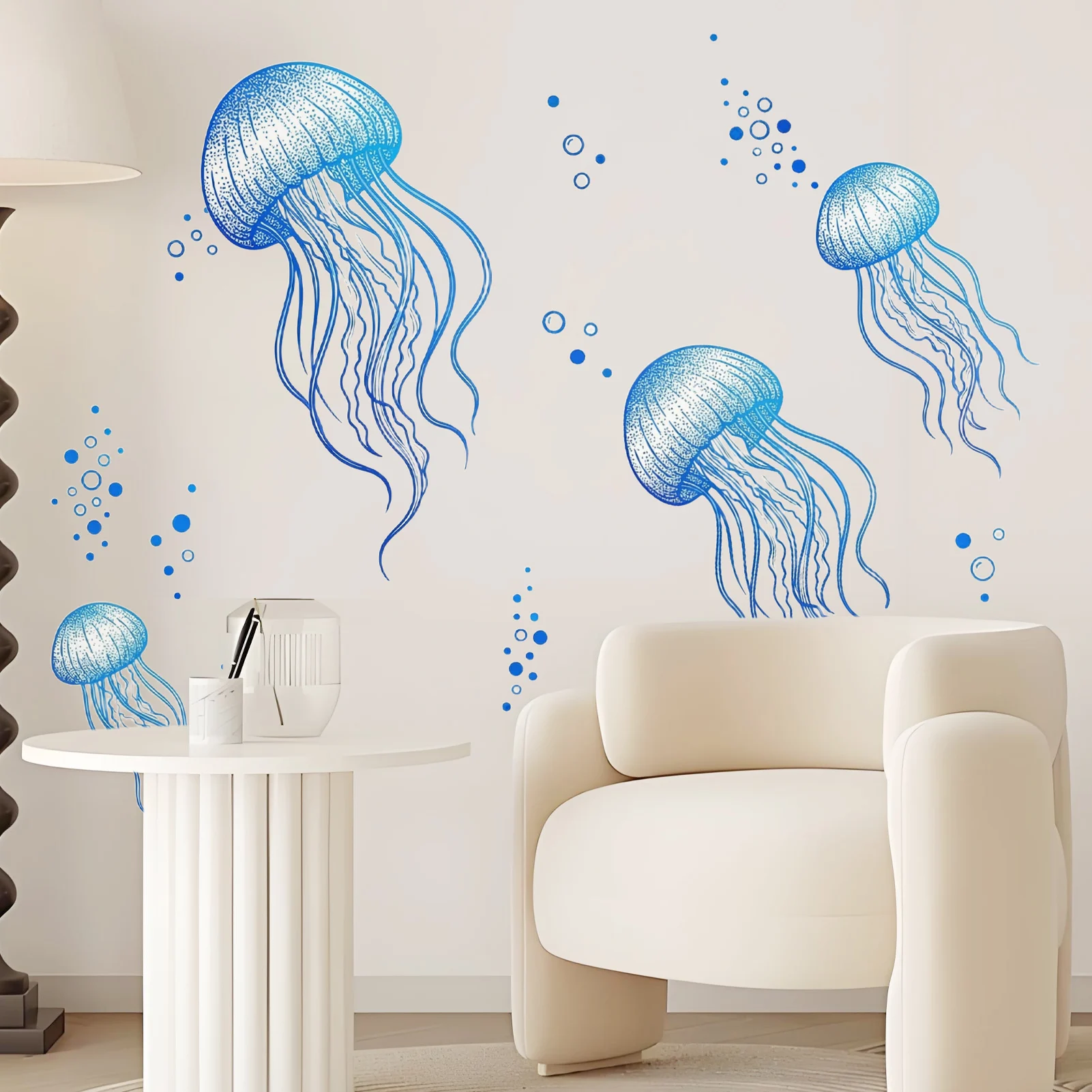 Blue Jellyfish Line Art Wall Decals, Underwater Ocean Bubbles Vinyl Stickers, Removable Aesthetic Home Decor