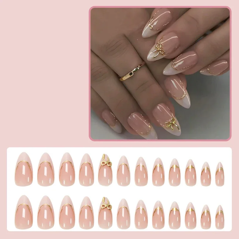 

24 Pieces French Exquisite Gold Bowknot Wearable Nail with Glue Almond Shape Nude Fake Nail for Sweet Girls Press on Nails