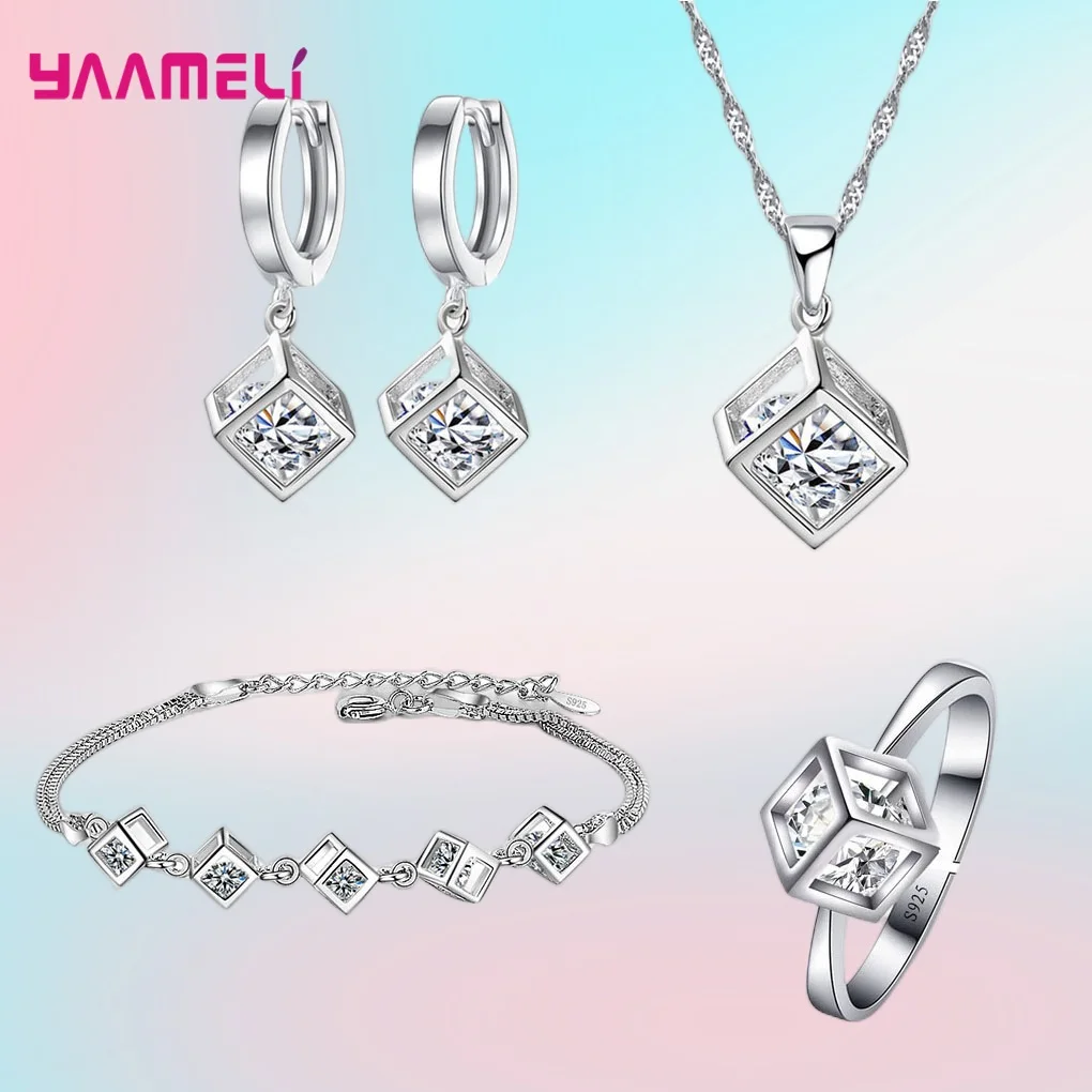 Najlepsza sprzedaż 925 Sterling Silver Color Jewelry Gift Set Cube Cubic Zircon Naszyjnik / kolczyki / bransoletka / pierścionek na zaręczyny ślubne