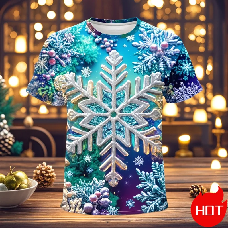 Funny 3D Snowflake Print Men's T Shirt Christmas Casual Loose Short Sleeve Tops Fashion New Year Gift T-Shirts Xmas Clothes Tops