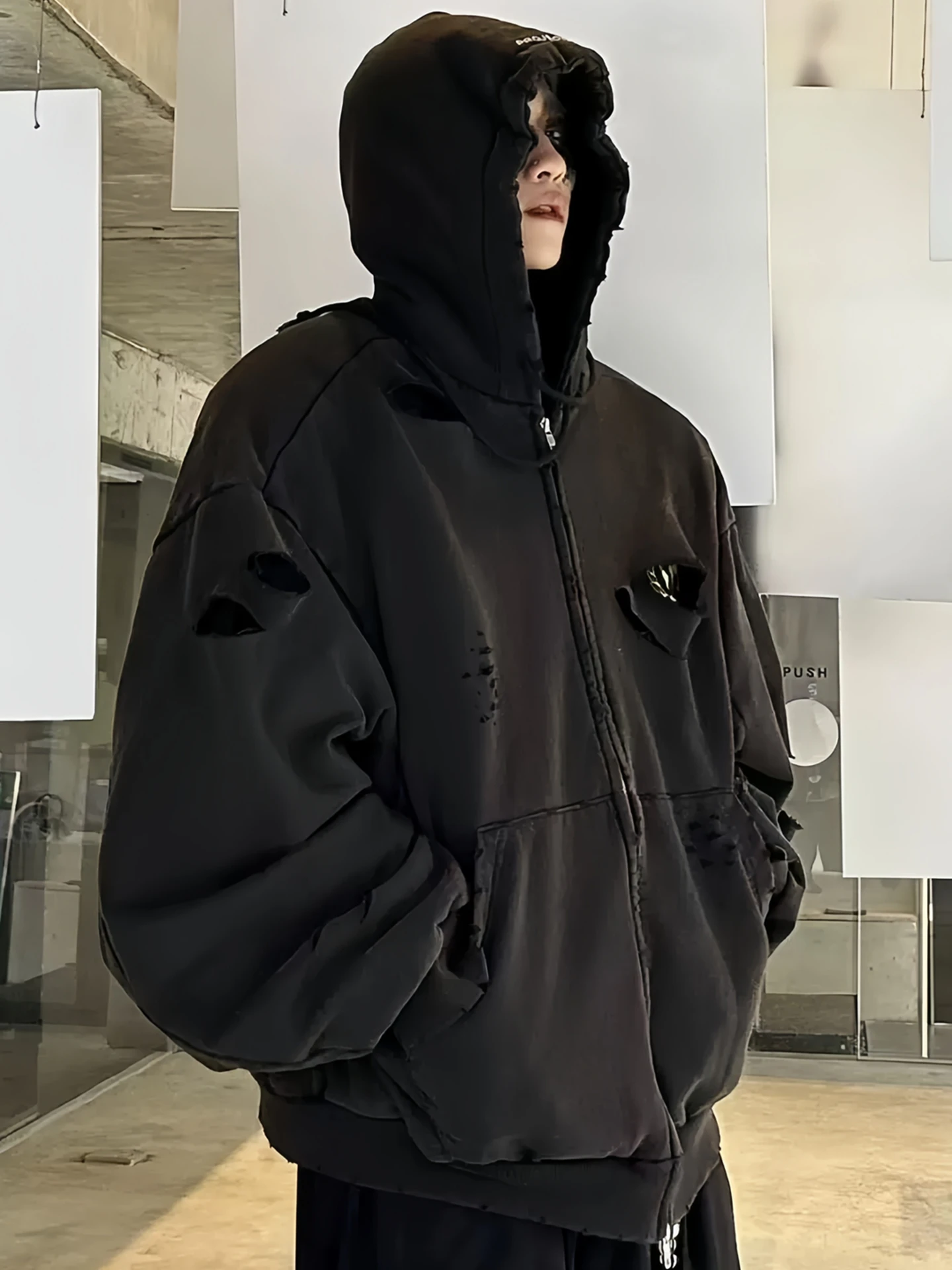 Ailz Learl Autumn Winter Washed Black Distressed Double Layer Zipper Hoodie Korean Style Jacket Men's Cotton Sweatshirt