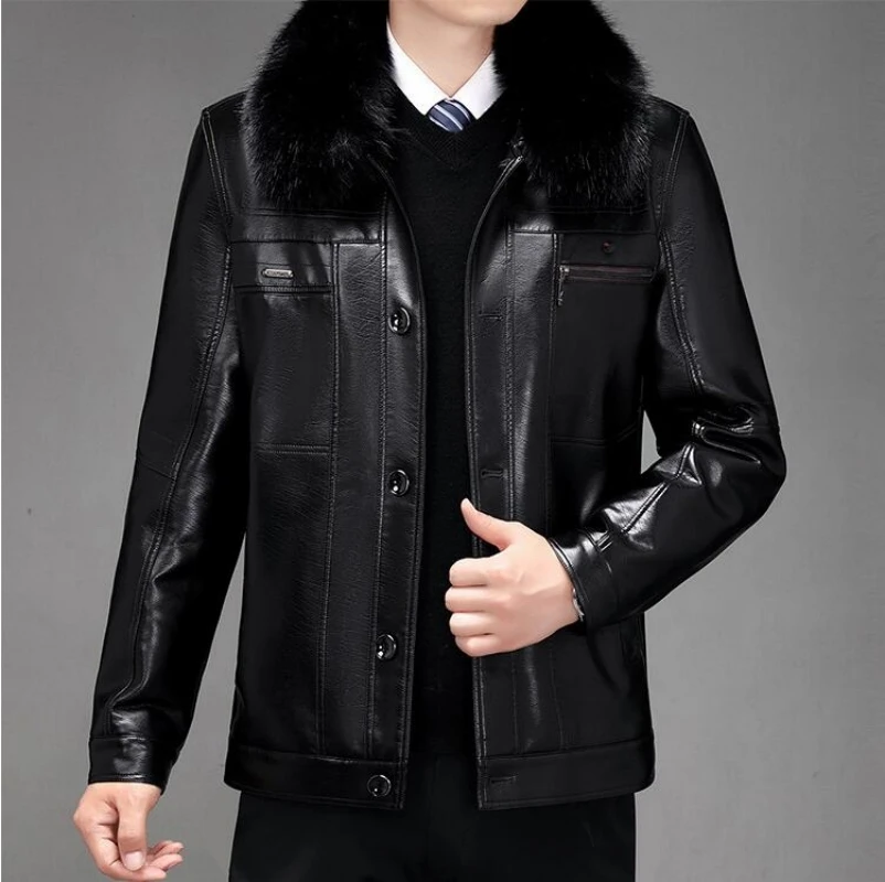 

Winter Outerwear Men 2023 Men Fashion Leather Coat Jacket PU Jacket Long-sleeve Fur Collar Business PU Leather Jacket