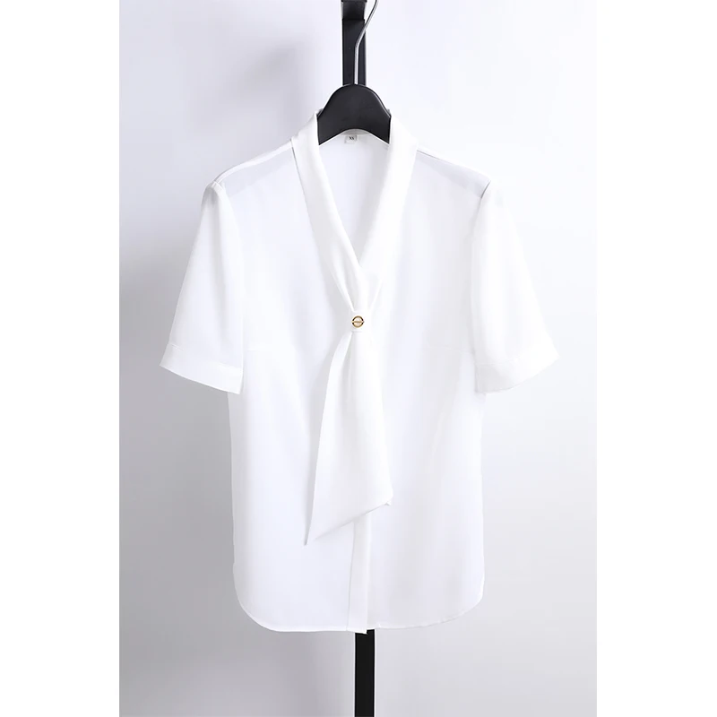 

Elegant Slimming Short Sleeve Shirt with Sash Versatile Straight Cut Polyester Fiber Casual Women's Shirt for Summer