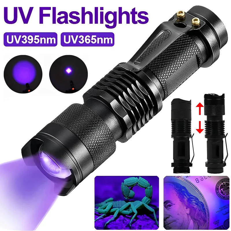 Mini UV LED Flashlight Portable Ultraviolet Black Light 395/365nm 3 Modes Zoomable Torch Pet Urine Stains Scorpion Detector Lamp