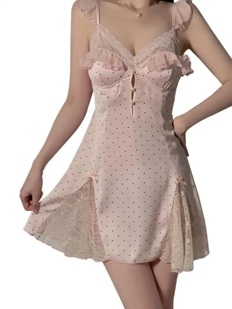 New pink polka dot lace print deep carved pearl button back silk suspender chest pad, nightgown home set montage  4910 M882