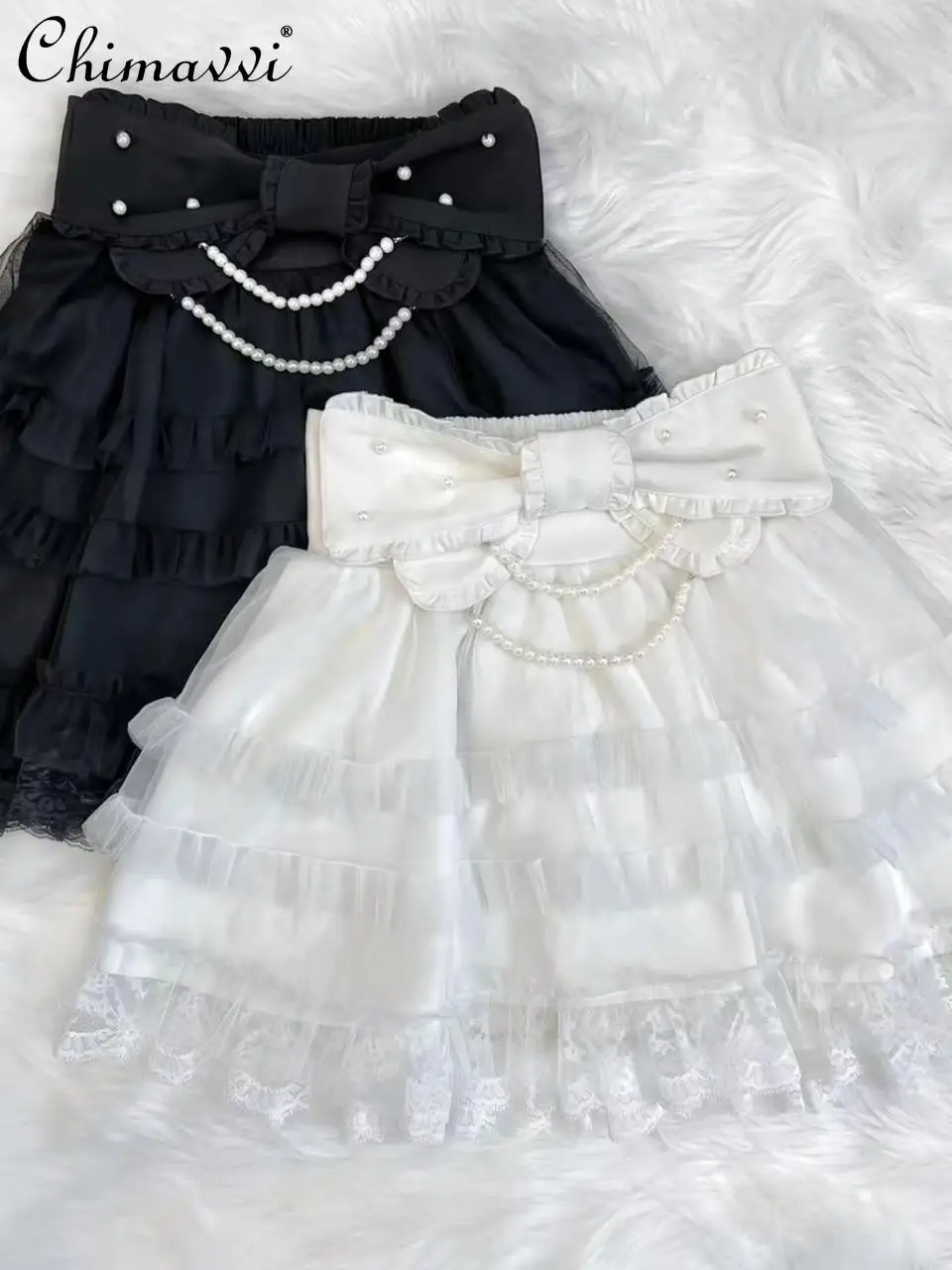 

Japanese Mass-produced Subculture Cute Bow Pearl Cake Yarn Skirt Spring and Summer New Sweet Girl Women High Waist Y2k Skirts