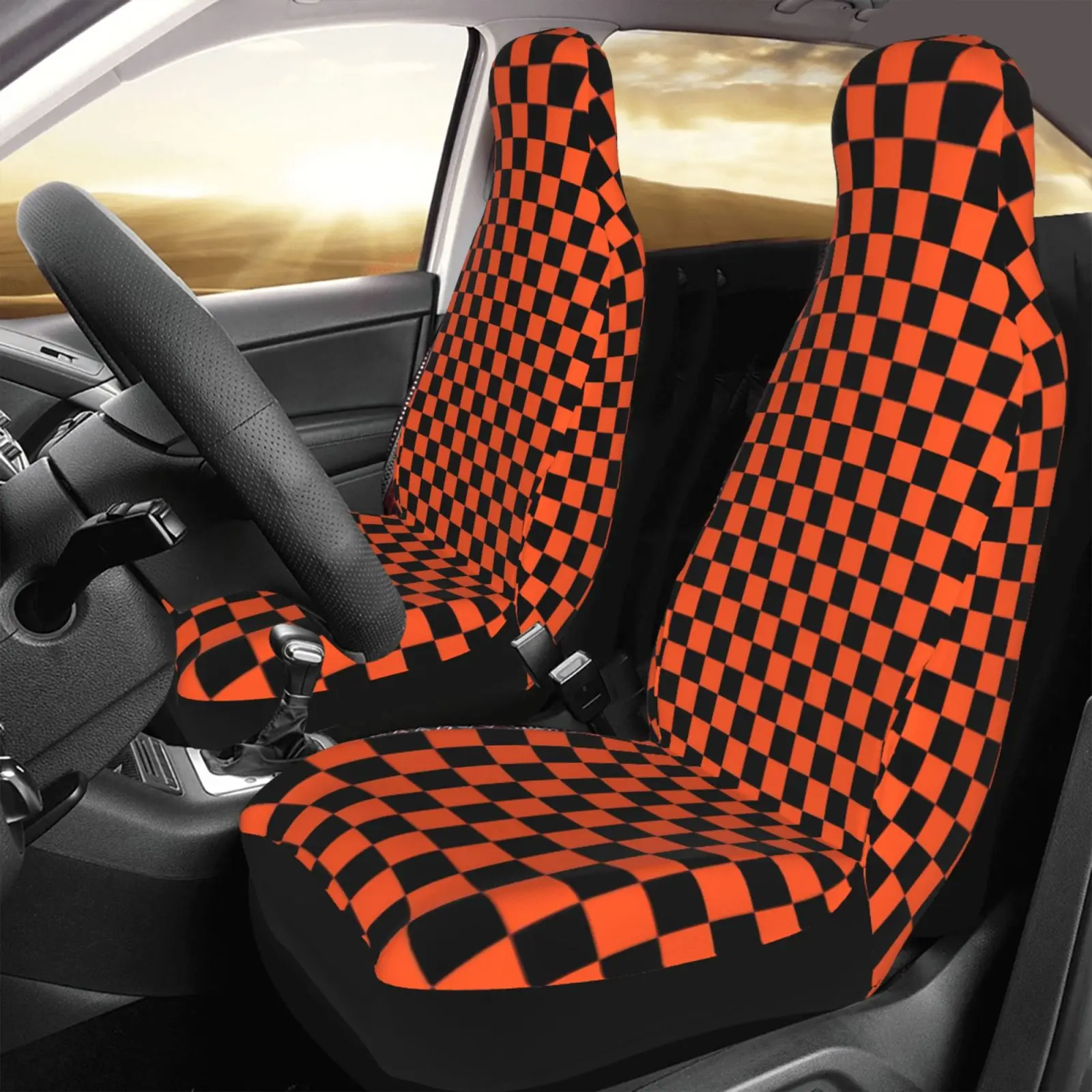 Customized Orange Checkered Printed General Motors Seat Cover Suitable for All Car Seat Cover Protectors 2-piece Set