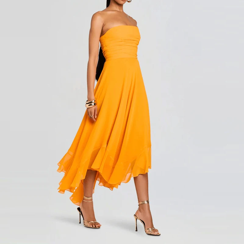 

2026 Spring Elegant Solid High Waist Irregular Dress Women Sexy Strapless Backless Hollow Party Dress Summer Bohemian Long Dress