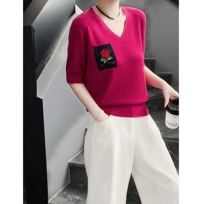 Women's 2024 Summer New Fashion Solid Color Loose Thin Pullover V-neck Half Sleeve Embroidered Short Knitted Casual T-Shirt Tops