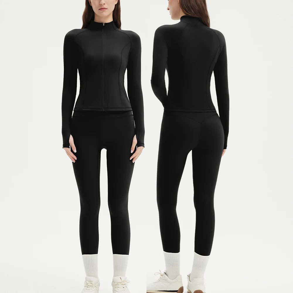 Two-piece Sports Set Women Solid Zipper Long Sleeve Sports Jacket & HighWaist Leggings Set Sporty Breathable Yoga Sets Female