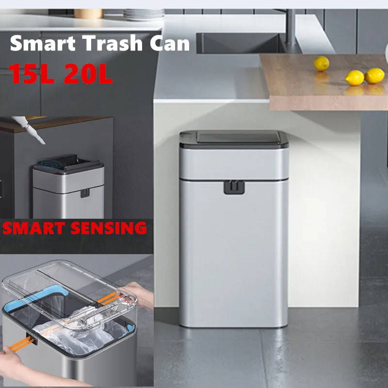 

15L 20L Stainless Steel Smart Trash Bin Trash Cans Garbage Bin for Kitchen Trash Can Waterproof Bathroom Toilet Wastebasket