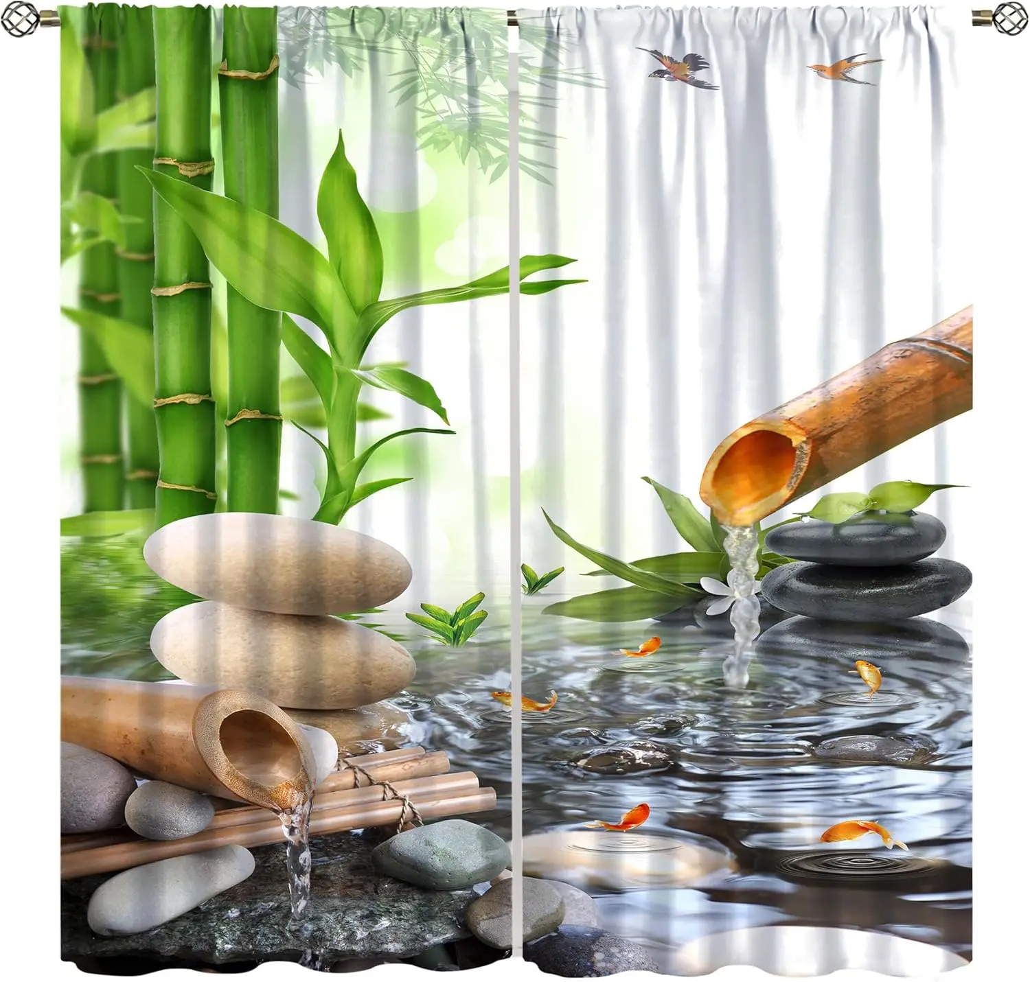 Zen Bamboo Curtains, Japanese Asian Spa Garden Zen Stone Bamboos Flower Koi Meditation Theme Window Treatment for Office