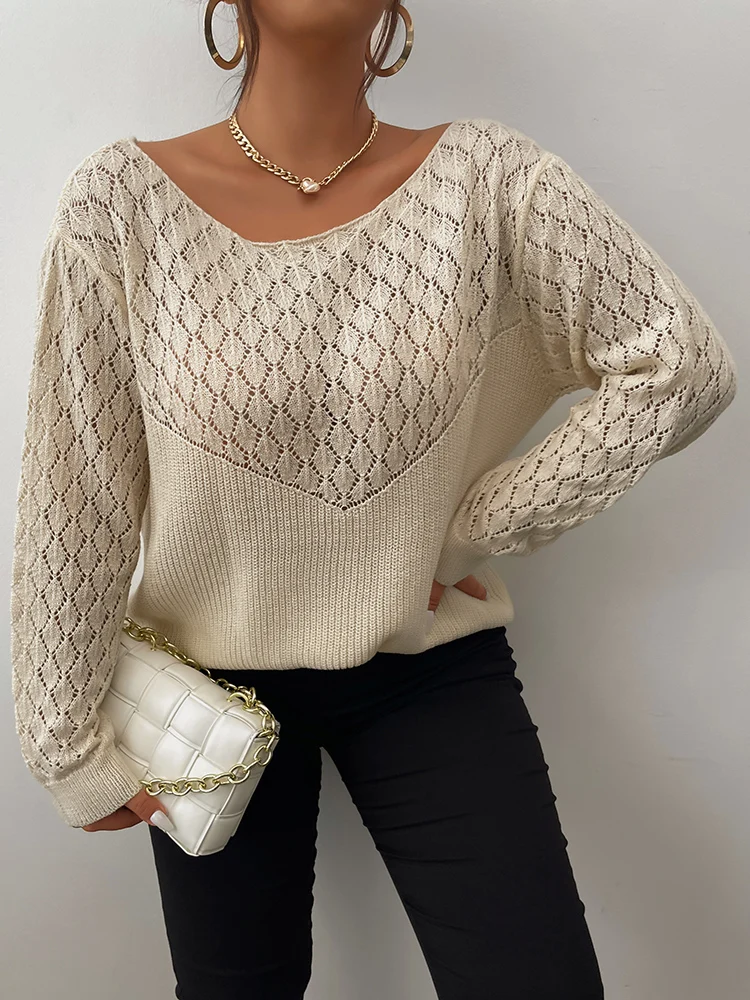 ONELINK Plus Size Women Autumn Woolen Sweater Pullover Big O Neck Argyle Knit Light Khaki Beige White Long Sleeves Large Tops