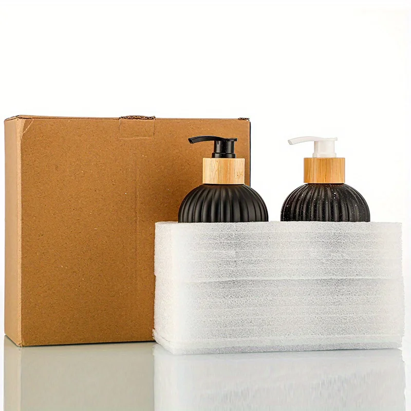 2PC Soap Dispenser Bottle Bamboo Lid Soap Dispenser Bottle Vertical Stripe Refillable Pump Bottle for Bathroom Kitchen Hand Soap