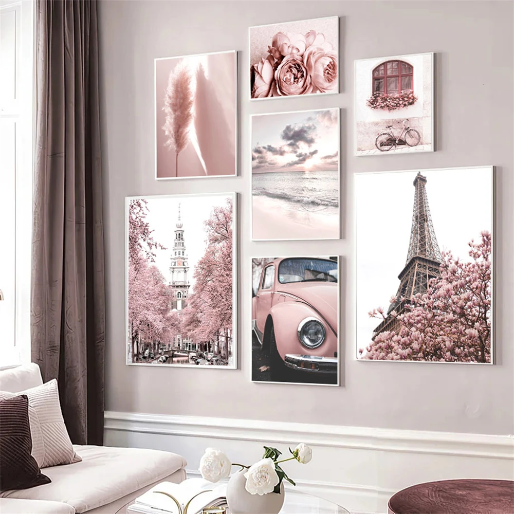 

Pink Flower Peony Car Beach Canvas Painting Tower Paris Wall Art Print Cherry Poster Nordic Wall Pictures Living Room Home Decor