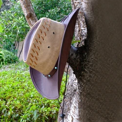 Retro Turquoise Beads  Leather Belt Women Men PU Roll Up Wide Brim Sombrero Sun Cap Beach Cowboy Cowgirl Western Hat Adjust