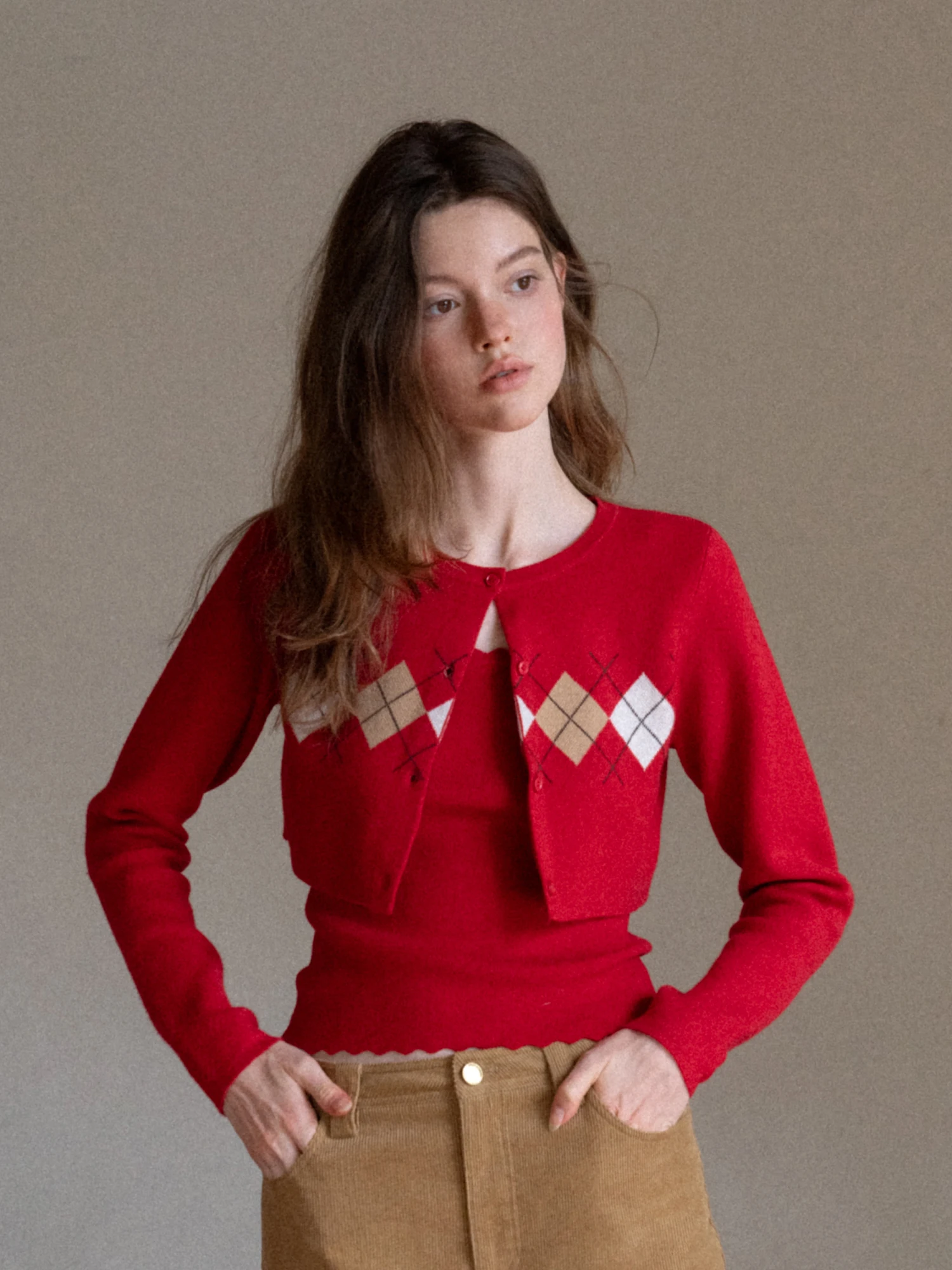 

Красный элегантный открытый кардиган с ромбовидным узором, жилет, вязаный комплект из двух предметов, женский осенне-зимний винтажный новогодний топ