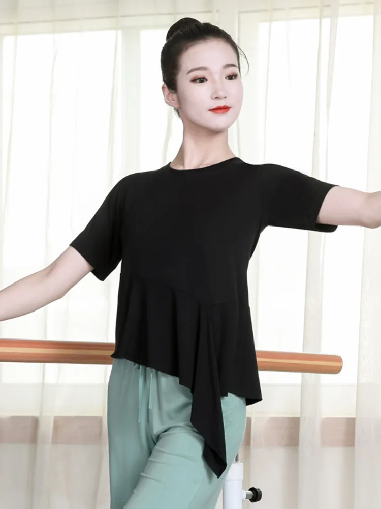 Round Neck Latin Dance Practice Tops Belly Wear Costume Classical Ruffle Competition For Prom Women Waltz Jazz Stage T-shirt