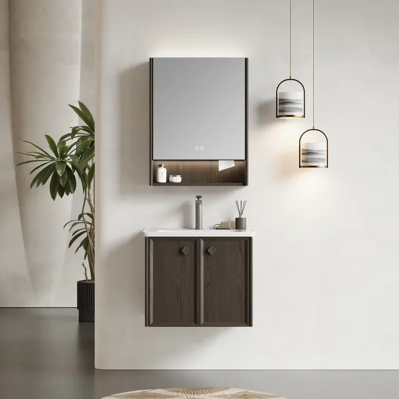 Smart Mirror Bathroom Cabinet Walnut Pattern Solid Stainless Steel Washstand 600-800mm Modern Combo for Hotel Villa Home