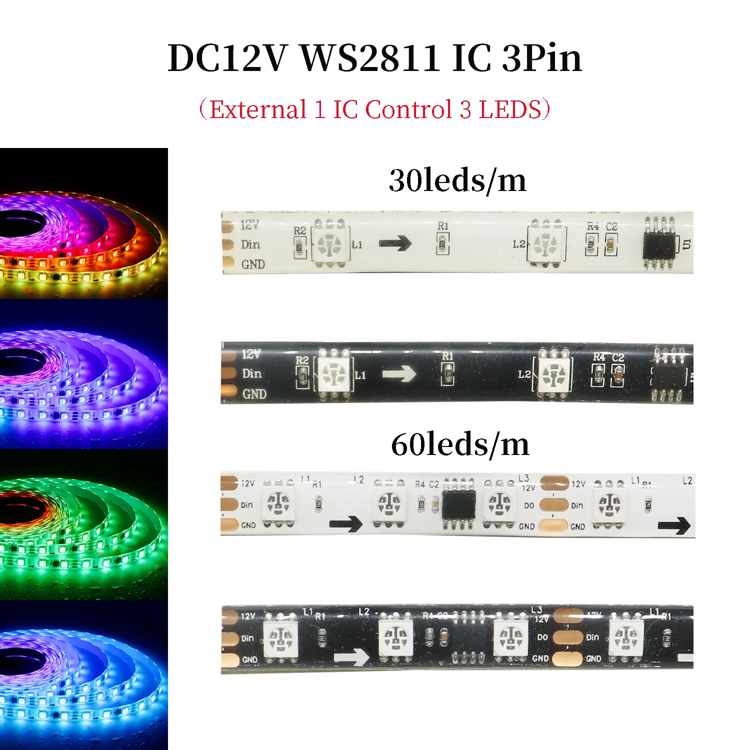 

30/60 светодиодов/м WS2811 Адресная красочная светодиодная лента Программируемые RGB-подсветки для проточной воды с 1 управлением IC 3 светодиодами Осветительная лампа