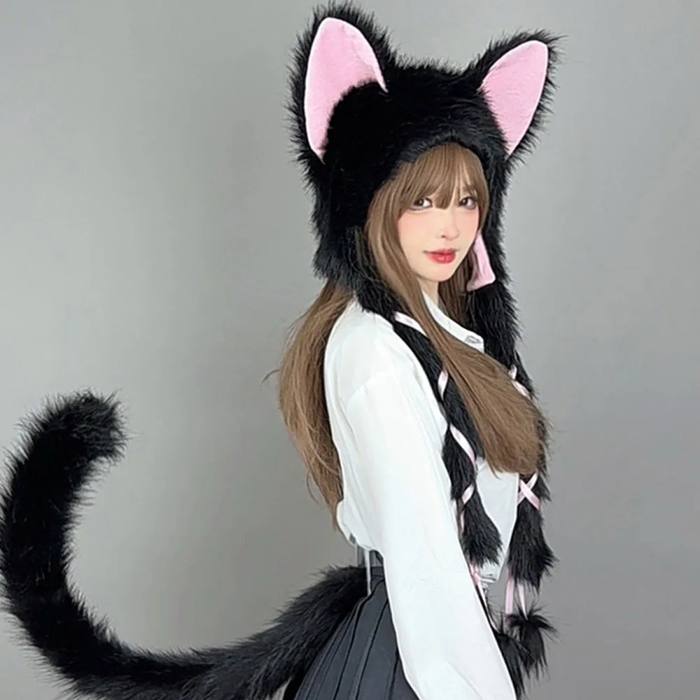 

Милая плюшевая шапка с ушками животных, пушистая, с декором из плетеных кистей, накидка-шапка, защита ушей, с мультяшным рисунком, женский головной убор