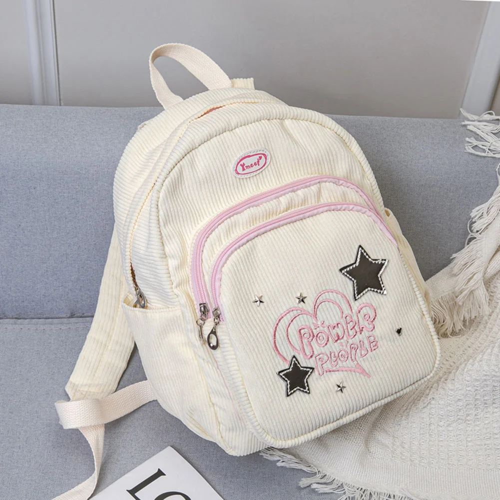 Fashion Corduroy Students Mochila Japanese Sweet Embroidered Pattern Backpack Multi-pocket Aesthetic Rucksack Y2K Women Knapsack