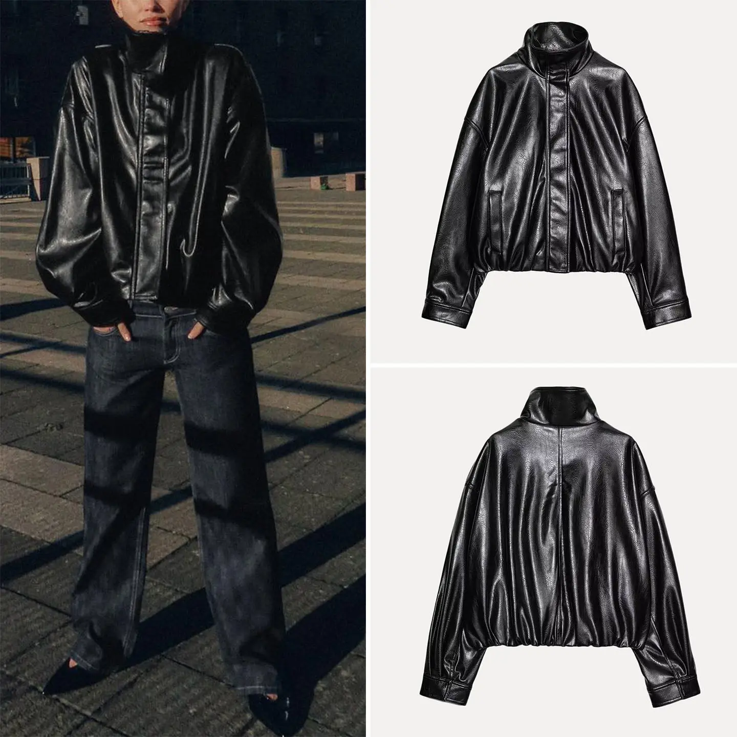 เสื้อโค้ทผู้หญิงแฟชั่นฤดูหนาว คอสูง แขนยาว ทรงหลวม สไตล์สตรีท  แบบมีซิป  วัสดุหนัง