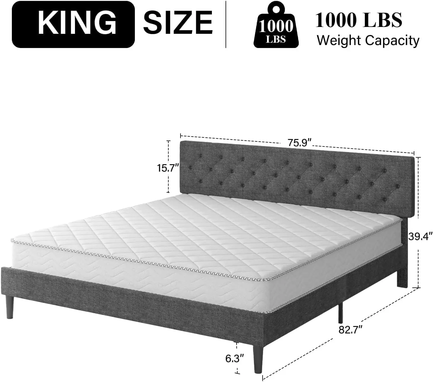 King Size Bed Frame, Linen Fabric Upholstered Bed Frame King Size with Headboard, Wood Slats Support, Button Tufted Design, No