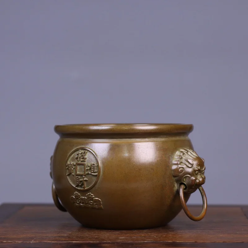 HYS All-copper Double Lion Head Recruiting Rice Copper Cylinder Household Ornament Antique Collection Home Table