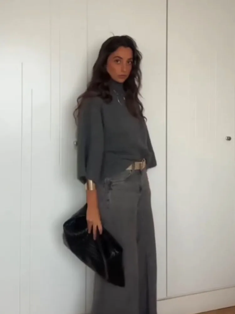 HH المرأة موضة جديدة الربيع محبوك القمم الصلبة عالية طوق ثلاثة أرباع الأكمام البلوفرات الإناث سترة فضفاضة غير رسمية 2 اللون #1