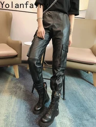 Genuine Leather Women's Pants Spring Autumn Streetwear Women Leisure Female Real Sheepskin Leather Pants Ropa Para Mujer Zjt925