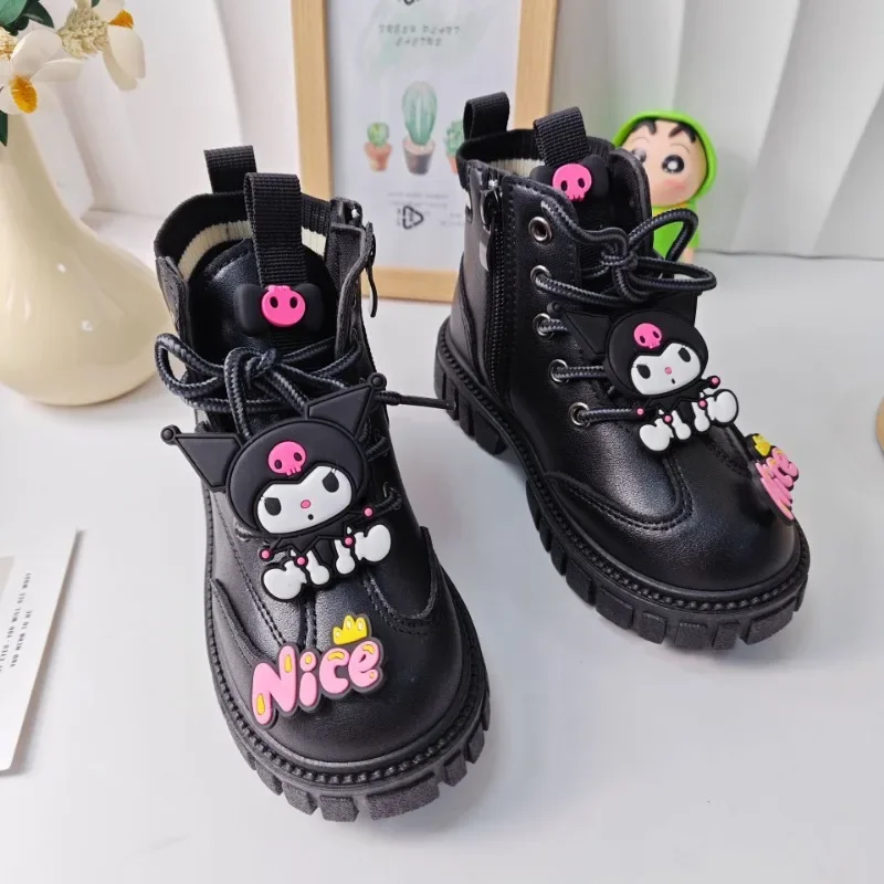 Sweet Leather Boots Kawaii Sanrio Ins Fashion Winter Cute Kuromi Cartoon Children Ankle PU Cotton Shoes Ins Gifts for Kids