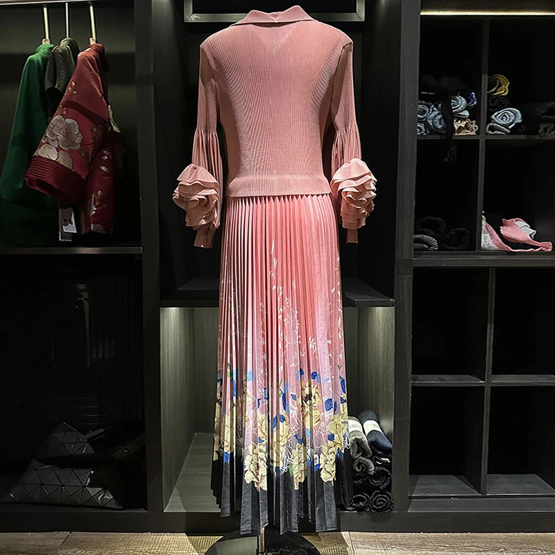 ANLAN High-end Pleated Dress Fake Two Pieces Women's Chic New Three-dimensional Flower Decoration Printed Famale Clotes 2AN0835