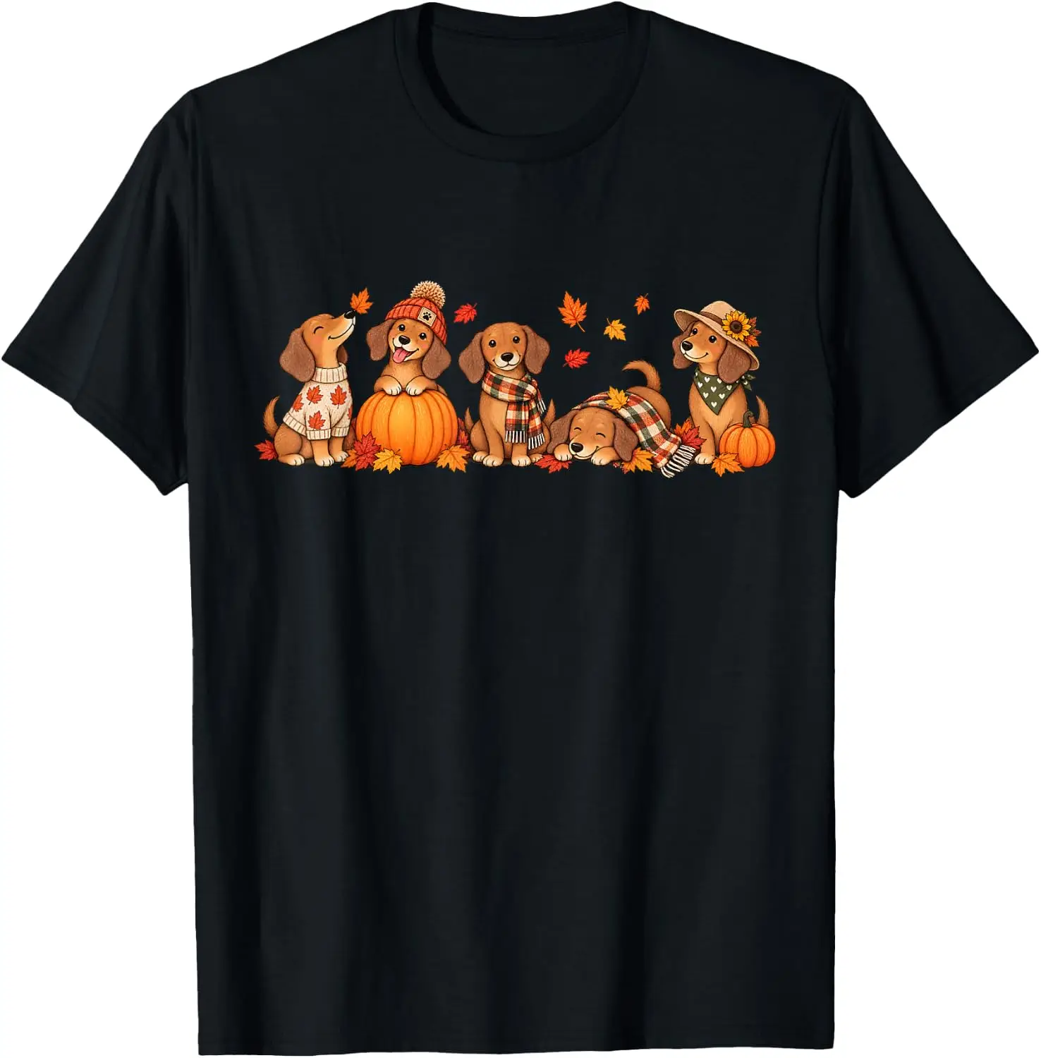 Cute Dachshund Fall Dogs Funny Cozy Autumn Leaves T-Shirt Breathable, heavyweight pure cotton short-sleeve top—stylish, plus-size, and suitable for year-round wear with a sporty, casual vibe