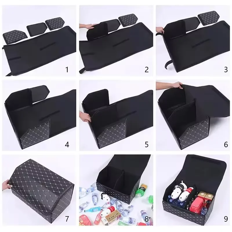 1pc 30cm Car PU Leather Trunk Storage Box, Portable Foldable Storage, Car Multi-purpose Storage, Car Trunk Bag, Car Storage Box