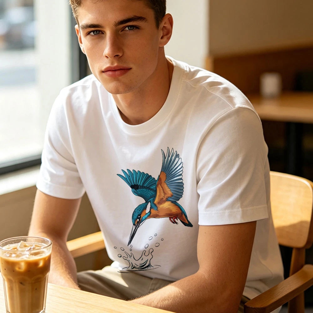 Kingfisher Bird Diving With Open Wings Hovering Above Water Splash Print Male White T Shirt Dynamic Wildlife Action Graphic Tee