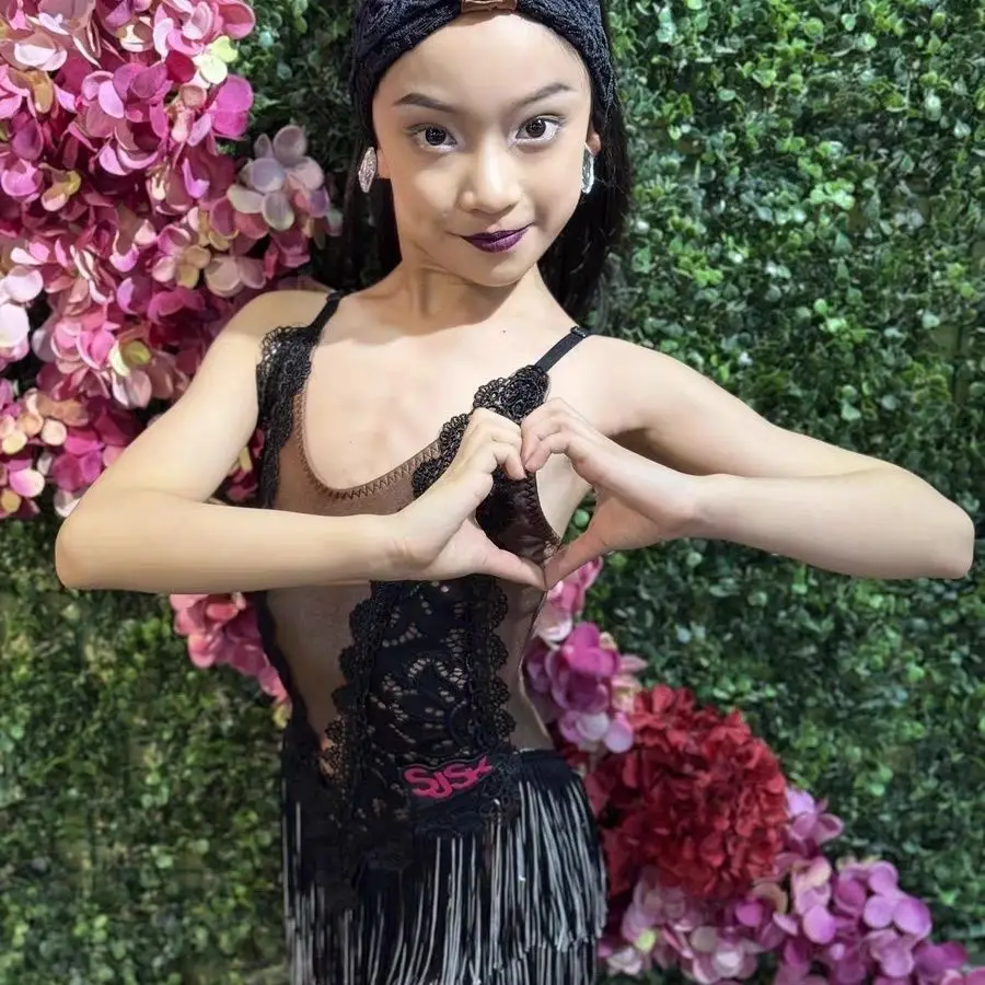 2025년 신상 라틴 댄스 의상 소녀용 스트랩 레이스 태슬 드레스 공연 드레스 차차 룸바 탱고 댄스 어린이 라틴 드레스