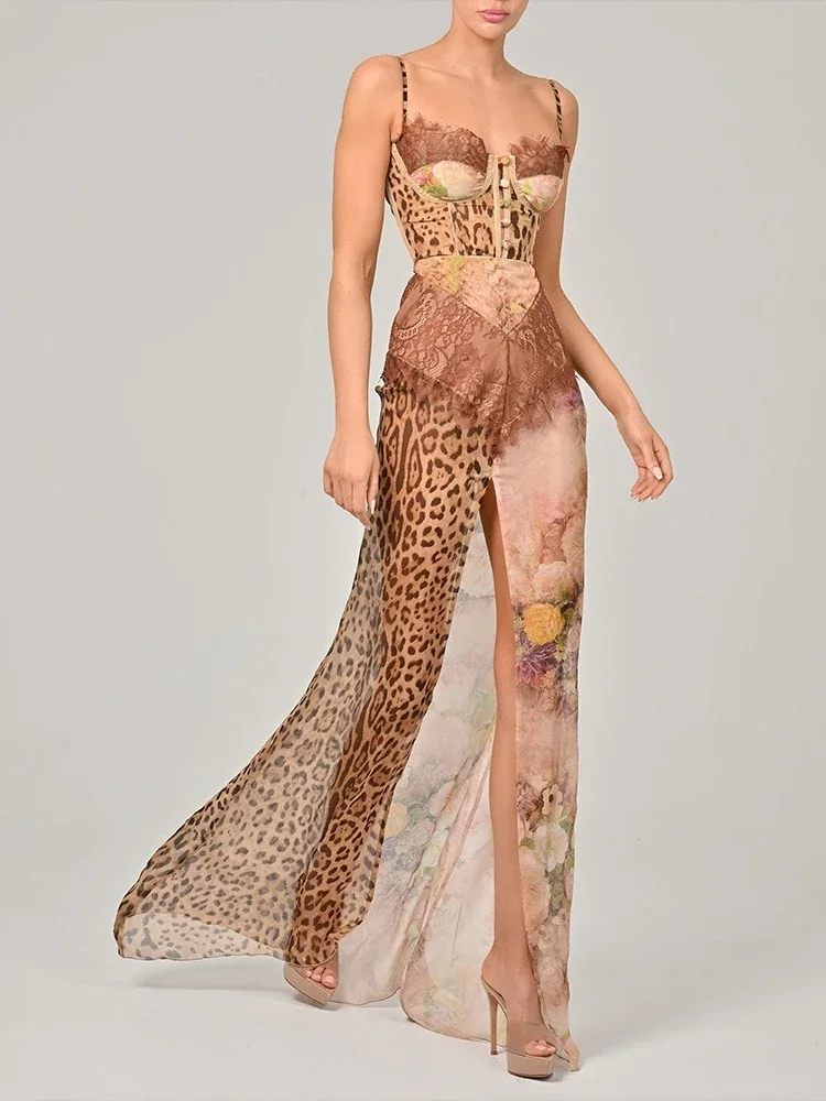 

Woman Clothing Sleeveless Lace Patchwork Long Maxi Chiffon Dress Chic Sexy Spaghetti Strap Leopard Print Split Beach Dresses