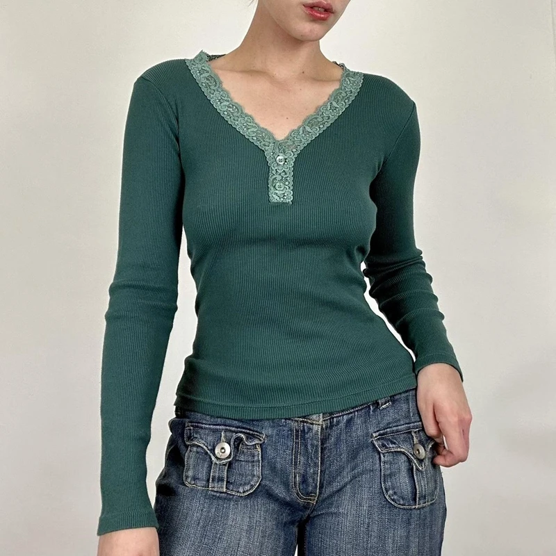 

Vintage Cottage Lace Trim V Neck T-shirt Autumn Spring Long Sleeve Slim Fit Tees Y2K Aesthetic Fairy 00s Retro Crop Tops Women