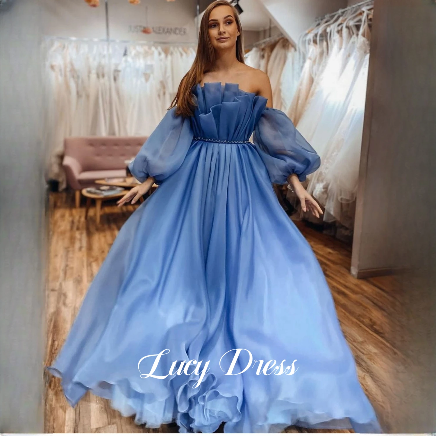 

Lucy Frills Saudi Women Evening Dress Party Evening Elegant Luxury Celebrity Bridesmaid Dresses for Prom Dress 2024 Blue Straple