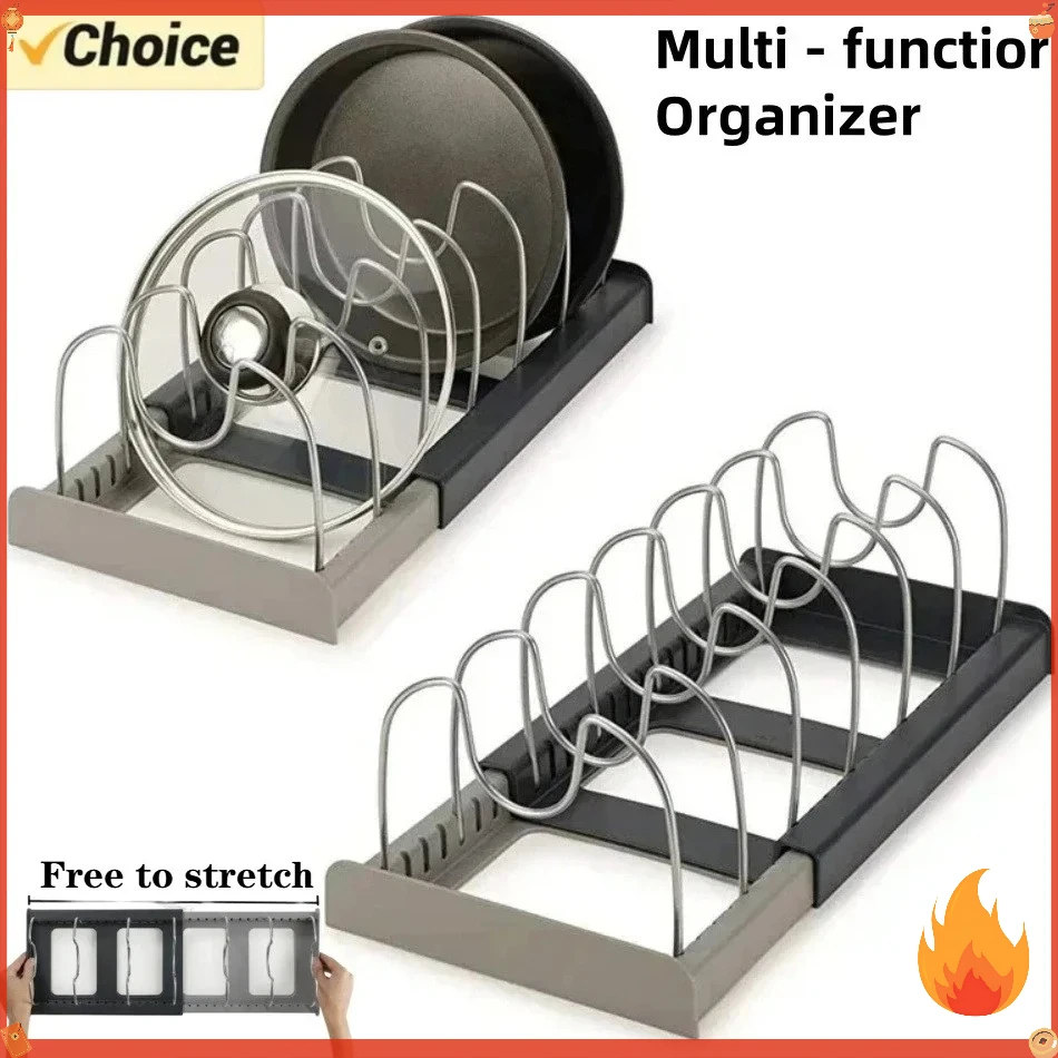 Estante Retráctil para Ollas, Organizador de Cocina Expandible con 7 Ranuras para Utensilios y Tapas, Estante de Gabinete Ahorrador de Espacio con Drenaje