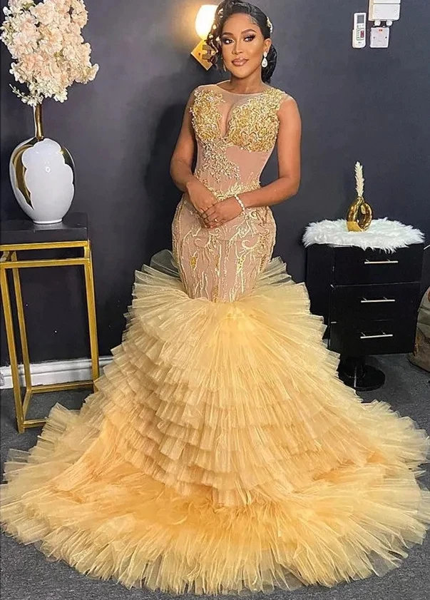 Yellow African American Prom Dresses Mermaid Sheer Tulle Appliques Black Girls Nigeria Robe De Soiree Aso Ebi Evening Gown